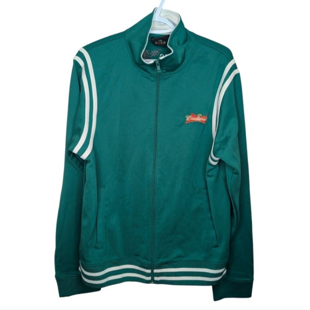 Vintage Budweiser GPC Green White Striped Zip Up Sweater Jacket Large Mens